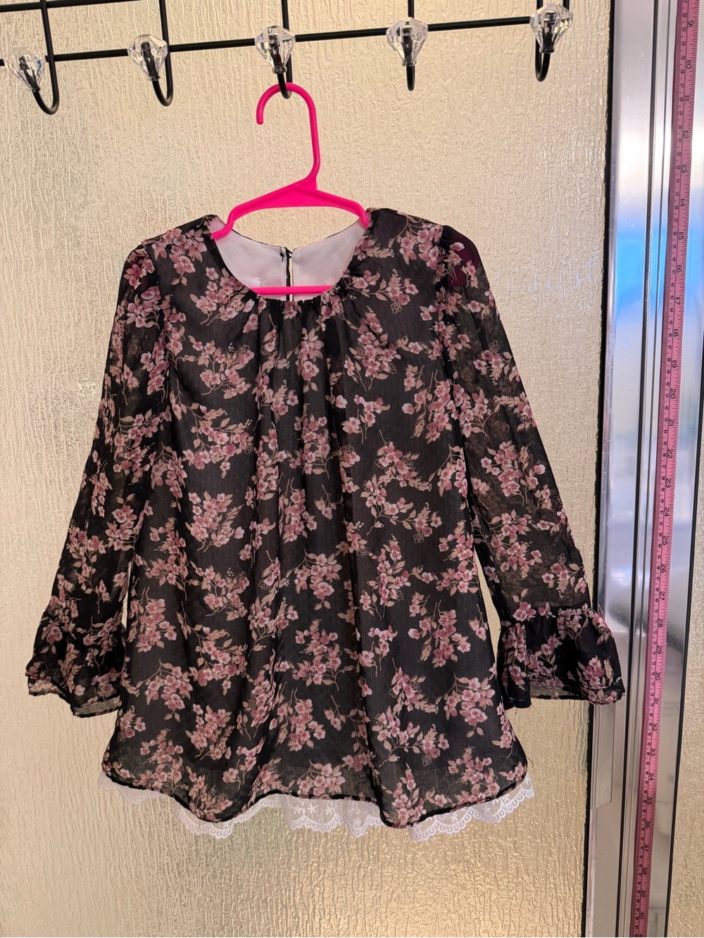 Bonnie Jean Girls Black Sheer Pink Floral Blouse Chiffon Lace Hem 6X Top $18